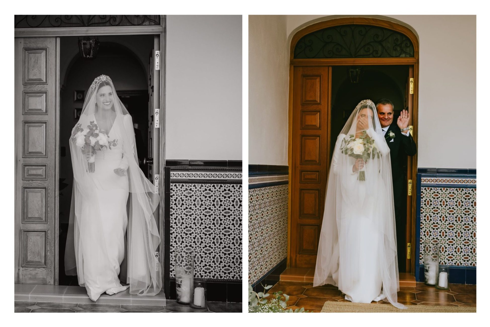 Novia en el portal de un patio andaluz, díptico en blanco y negro, boda en Granada